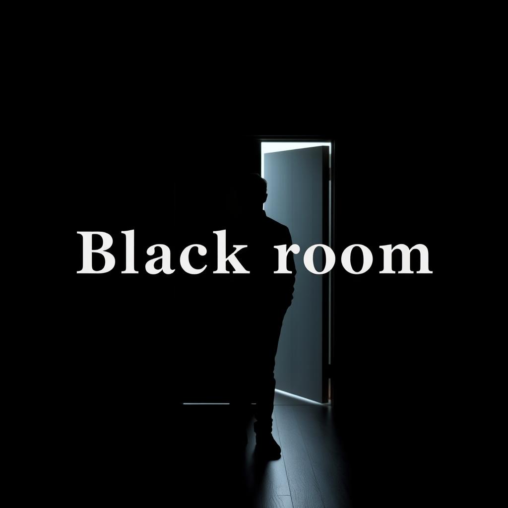 A mysterious scene set in a black room, featuring a man standing in the center