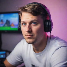 An enthusiastic man engrossed in playing Fortnite on his high-end gaming setup, vibrant game graphics reflecting in his eyes