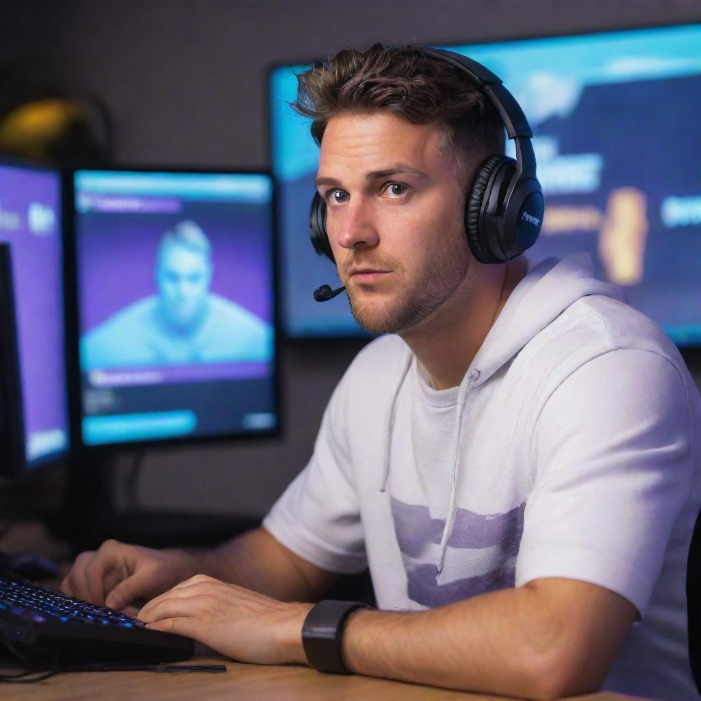 An enthusiastic man engrossed in playing Fortnite on his high-end gaming setup, vibrant game graphics reflecting in his eyes