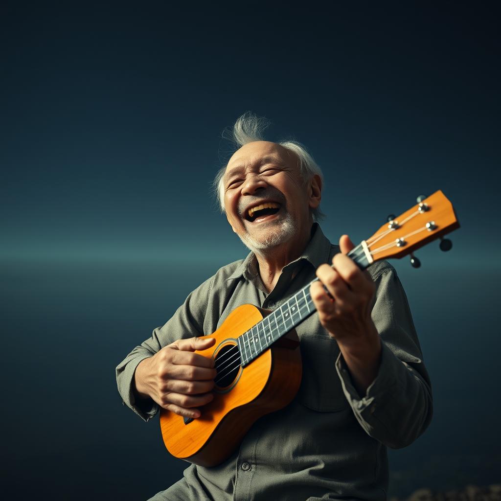 An old man joyfully playing a ukulele amidst the void