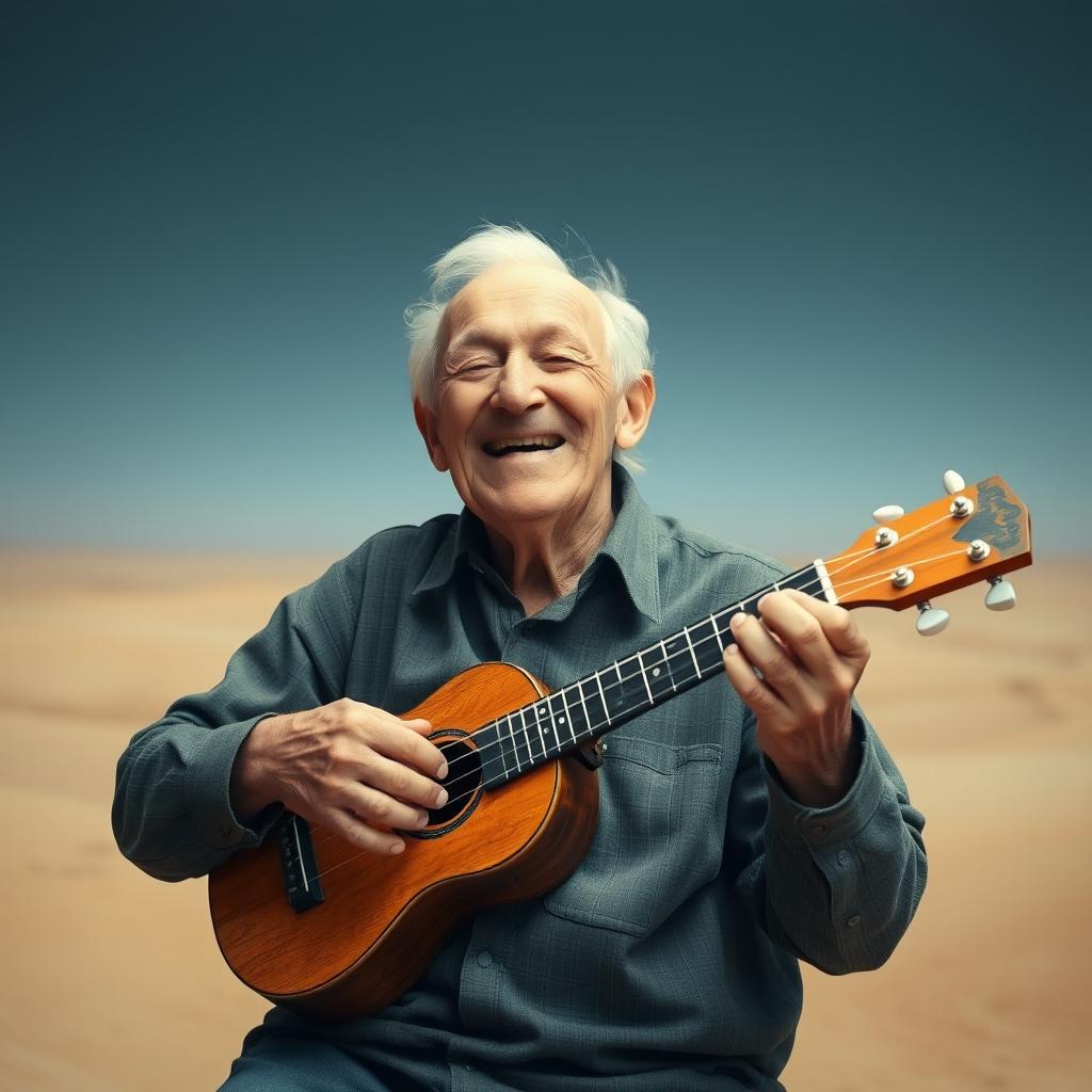 An old man joyfully playing a ukulele amidst the void