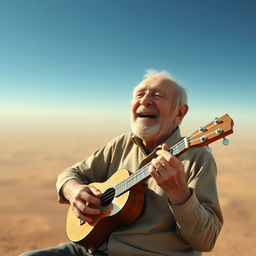 An old man joyfully playing a ukulele amidst the void