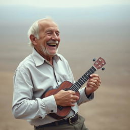 An old man joyfully playing a ukulele amidst the void