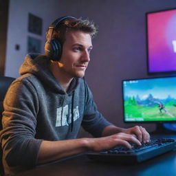 An enthusiastic man engrossed in playing Fortnite on his high-end gaming setup, vibrant game graphics reflecting in his eyes