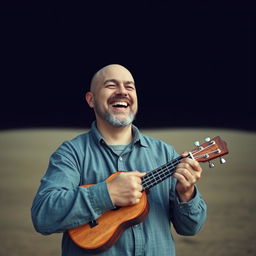 A bald 40-year-old man with a moderately short beard joyfully playing a ukulele amidst the void