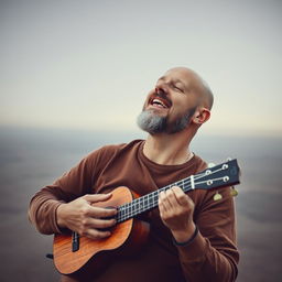 A bald 40-year-old man with a moderately short beard joyfully playing a ukulele amidst the void