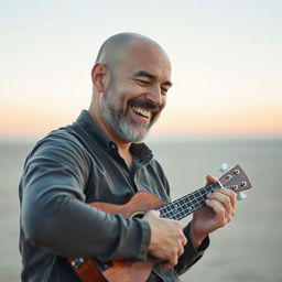 A bald 40-year-old man with a moderately short beard joyfully playing a ukulele amidst the void