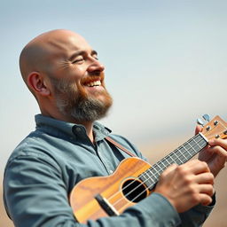 A bald 40-year-old man with a moderately short beard joyfully playing a ukulele amidst the void