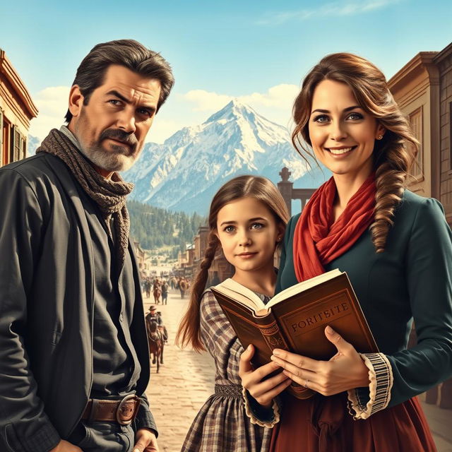 A vintage movie poster set in 1884 Colorado, featuring a rugged, determined lead male figure with a strong paternal presence, his thirteen-year-old daughter by his side, portrayed with curiosity and innocence