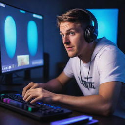 An enthusiastic man engrossed in playing Fortnite on his high-end gaming setup, vibrant game graphics reflecting in his eyes