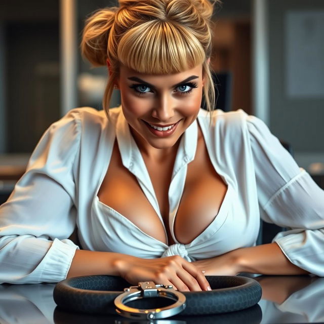 An extreme close-up of a gorgeous woman with a large chest, featuring a blonde bun with bangs, wearing a white blouse tied in the front, showing ample cleavage