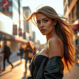 A stunning and confident woman with striking features, dressed in trendy fashion, standing in a lively urban environment during the golden hour, with her hair flowing in the breeze, exuding charisma and elegance