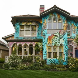 A breathtaking front view of a house with stunning, artistic paintwork