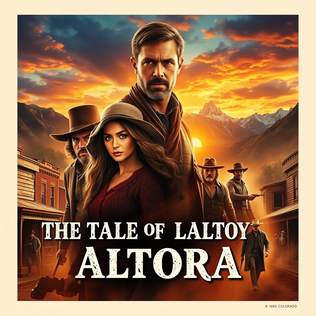 A captivating movie poster titled 'The Tale of Altora,' immersing viewers in the rugged setting of 1884 Colorado