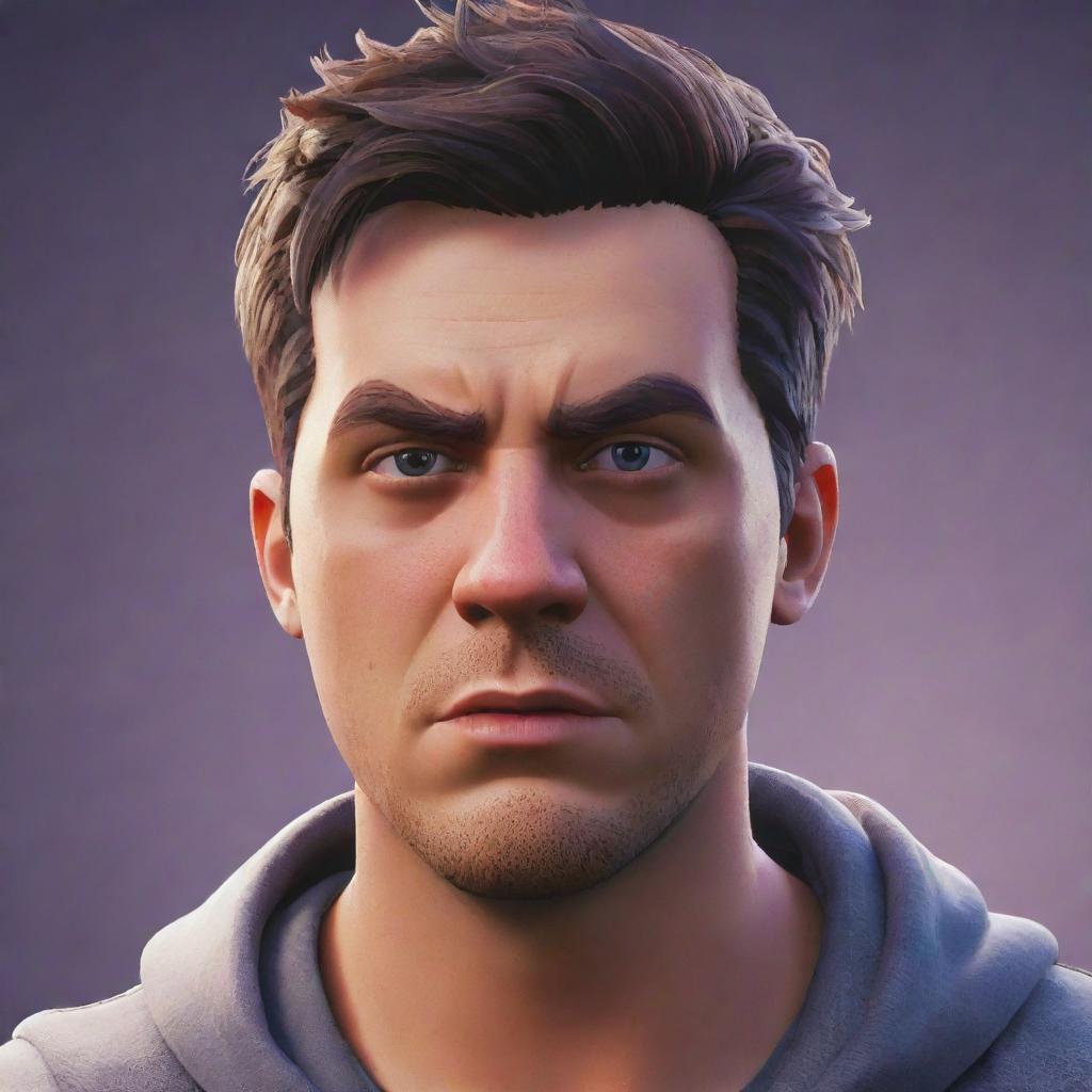 The previously enthusiastic man, now visibly frustrated and angry, clearly losing in Fortnite. His face reddens as the game graphics flicker intensely in his eyes