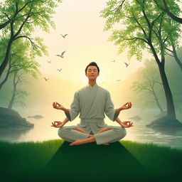 A serene depiction of a person engaged in meditation, sitting cross-legged with eyes closed