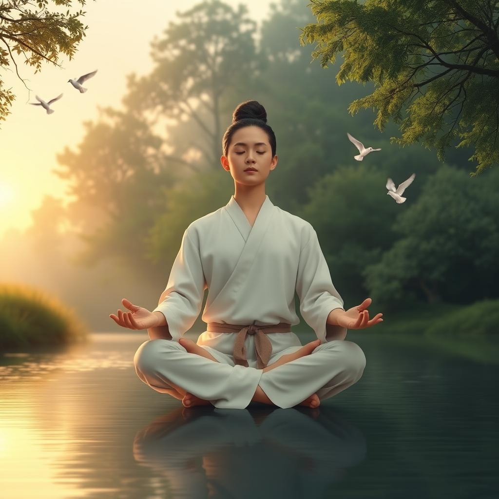 A serene depiction of a person engaged in meditation, sitting cross-legged with eyes closed