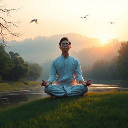 A serene depiction of a person engaged in meditation, sitting cross-legged with eyes closed