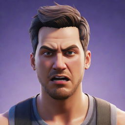 The previously enthusiastic man, now visibly frustrated and angry, clearly losing in Fortnite. His face reddens as the game graphics flicker intensely in his eyes