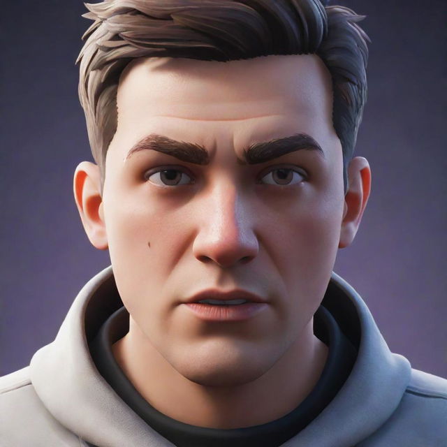 The previously enthusiastic man, now visibly frustrated and angry, clearly losing in Fortnite. His face reddens as the game graphics flicker intensely in his eyes