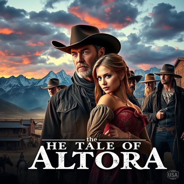 A captivating movie poster titled 'The Tale of Altora,' set in the rugged landscape of 1884 Colorado