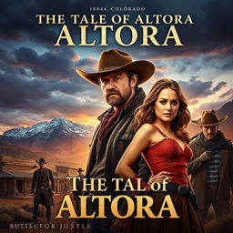 A captivating movie poster titled 'The Tale of Altora,' set in the rugged landscape of 1884 Colorado