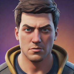 The previously enthusiastic man, now visibly frustrated and angry, clearly losing in Fortnite. His face reddens as the game graphics flicker intensely in his eyes