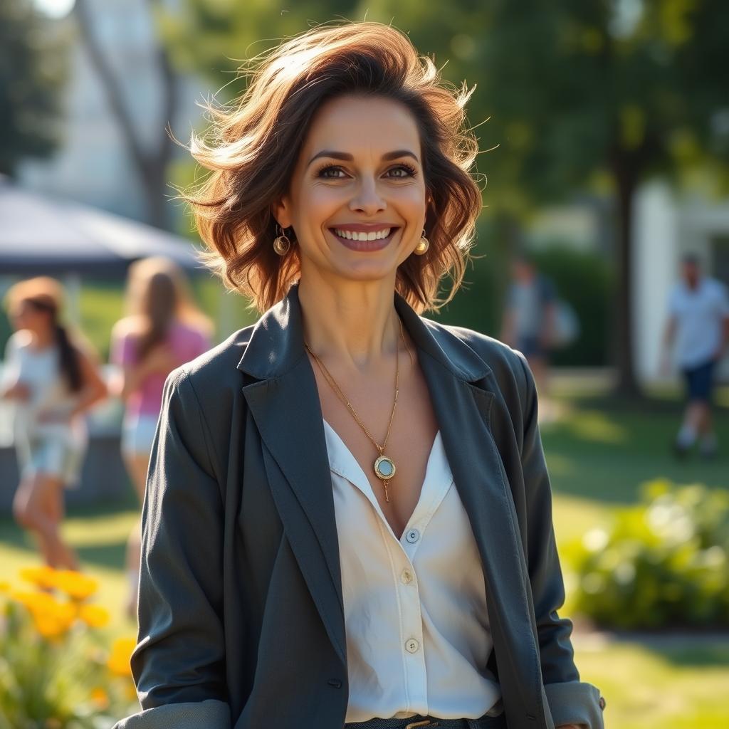 A confident and empowered mother exudes an aura of allure and charisma, depicting her dynamic presence in a lively outdoor setting, surrounded by the beauty of nature, the soft sunlight highlighting her glowing smile