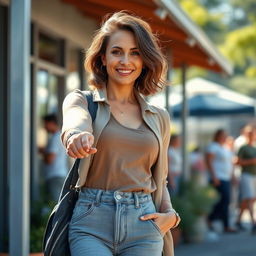 A confident and empowered mother exudes an aura of allure and charisma, depicting her dynamic presence in a lively outdoor setting, surrounded by the beauty of nature, the soft sunlight highlighting her glowing smile