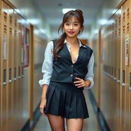 A Korean woman around 18 years old with a youthful yet mature look, dressed in a stylish schoolgirl uniform featuring a short, pleated skirt and long, sagging stockings