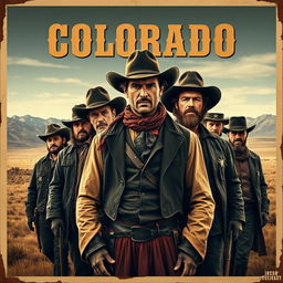 A vintage-style movie poster featuring a rugged lead male with a stern expression, dressed in 1884 Western attire, standing assertively