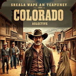 A vintage-style movie poster depicting a bustling 1884 Colorado town in the background, with wooden storefronts and dirt roads lined with horses and carriages