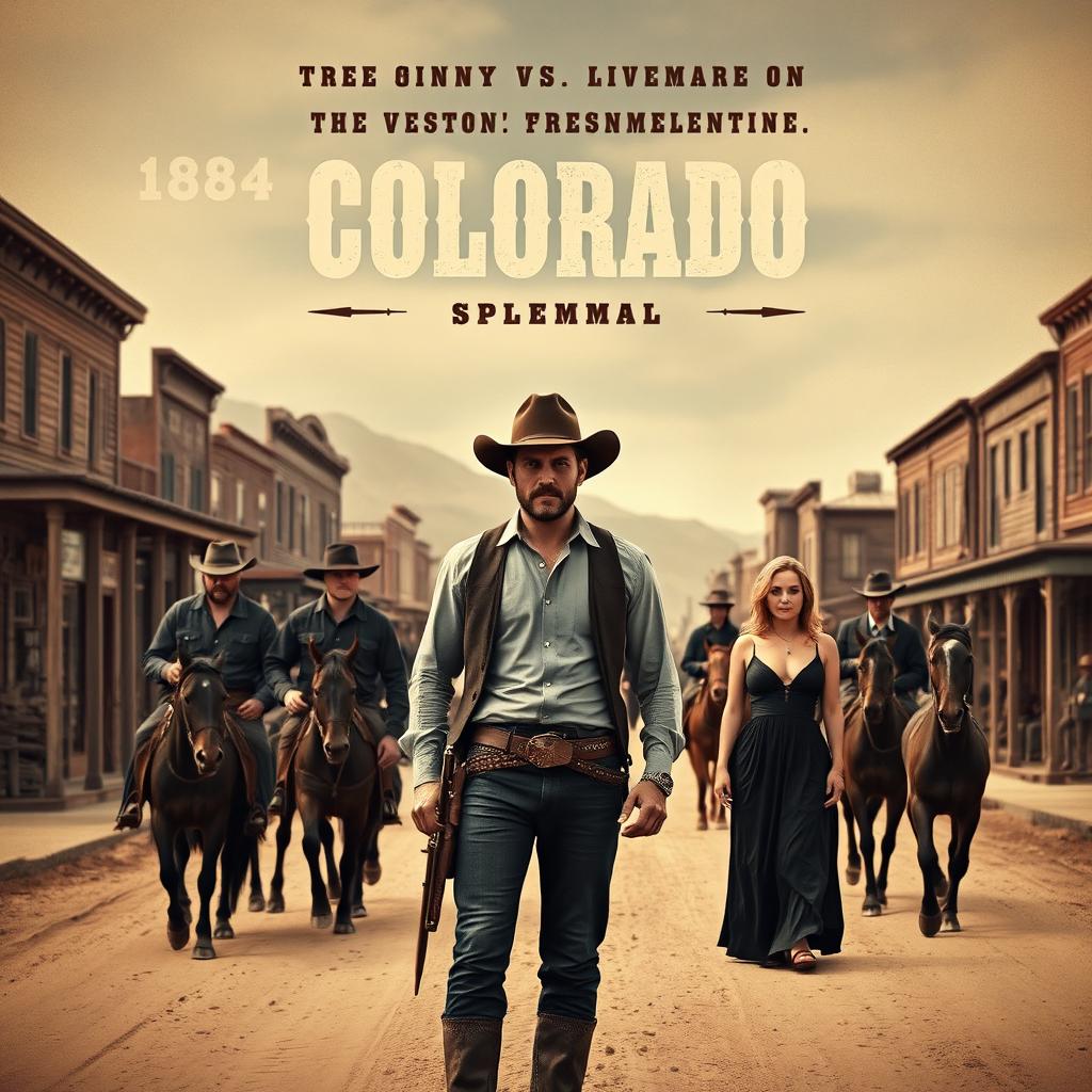 A vintage-style movie poster depicting a bustling 1884 Colorado town in the background, with wooden storefronts and dirt roads lined with horses and carriages