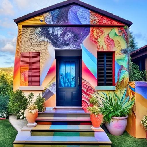 A breathtaking front view of a house with stunning, artistic paintwork