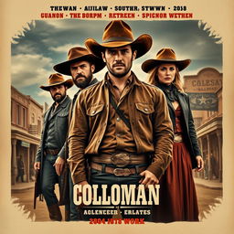 A captivating movie poster set in an 1884 Colorado town, showcasing a dynamic cast of characters