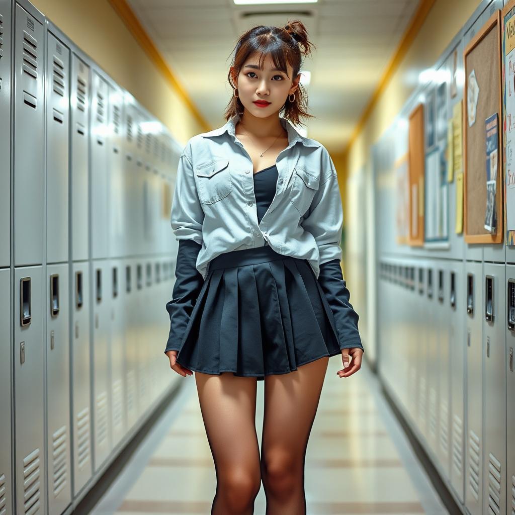 A Korean woman around 18 years old, exuding a confident and youthful vibe, dressed in a fashion-forward schoolgirl outfit featuring a short pleated skirt and long, sagging knee-high stockings