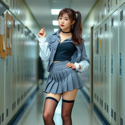 A Korean woman around 18 years old, exuding a confident and youthful vibe, dressed in a fashion-forward schoolgirl outfit featuring a short pleated skirt and long, sagging knee-high stockings