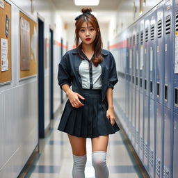 A Korean woman around 18 years old, exuding a confident and youthful vibe, dressed in a fashion-forward schoolgirl outfit featuring a short pleated skirt and long, sagging knee-high stockings