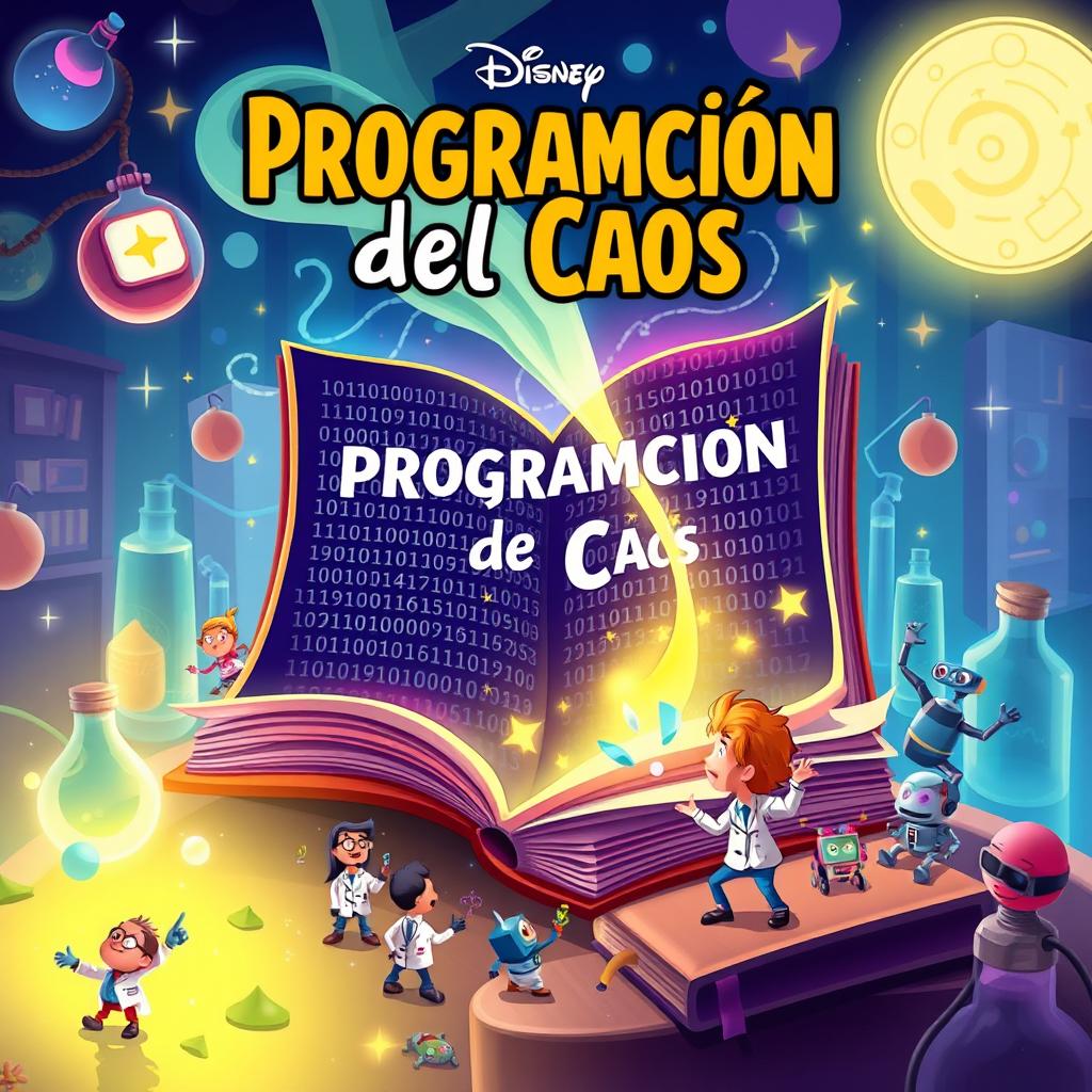 Cover art for 'Programación del Caos' in Disney style, vibrant colors, whimsical design, featuring a magical book with flowing binary code emanating from its pages, cartoon characters of curious scientists and playful robots surrounded by a fantastical laboratory environment