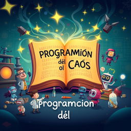 Cover art for 'Programación del Caos' in Disney style, vibrant colors, whimsical design, featuring a magical book with flowing binary code emanating from its pages, cartoon characters of curious scientists and playful robots surrounded by a fantastical laboratory environment