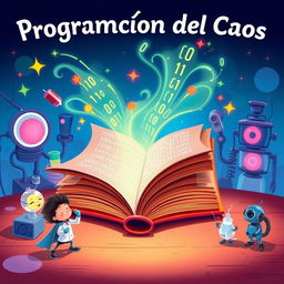 Cover art for 'Programación del Caos' in Disney style, vibrant colors, whimsical design, featuring a magical book with flowing binary code emanating from its pages, cartoon characters of curious scientists and playful robots surrounded by a fantastical laboratory environment