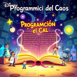 Cover art for 'Programación del Caos' in Disney style, vibrant colors, whimsical design, featuring a magical book with flowing binary code emanating from its pages, cartoon characters of curious scientists and playful robots surrounded by a fantastical laboratory environment