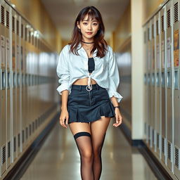 A Korean woman around 18 years old exuding a confident and youthful allure, styled in a contemporary schoolgirl outfit with a fashionable short skirt and long, stylishly sagging stockings