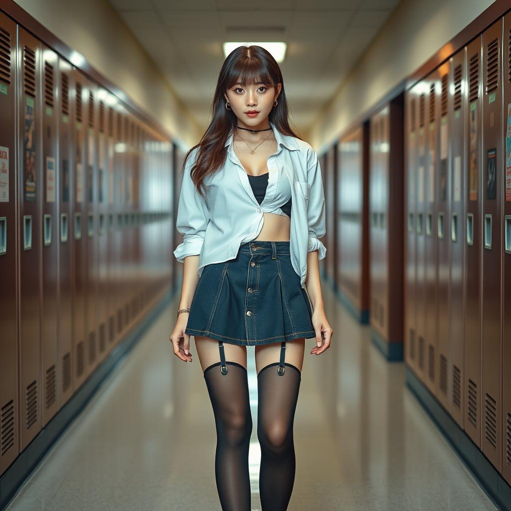 A Korean woman around 18 years old exuding a confident and youthful allure, styled in a contemporary schoolgirl outfit with a fashionable short skirt and long, stylishly sagging stockings