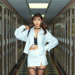 A Korean woman around 18 years old exuding a confident and youthful allure, styled in a contemporary schoolgirl outfit with a fashionable short skirt and long, stylishly sagging stockings