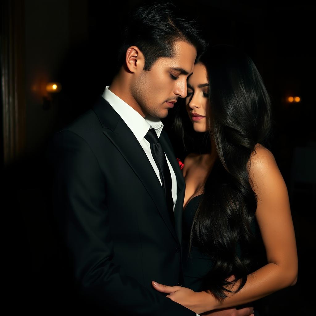 A man in a suit standing intimately close with a woman who has long, flowing black hair