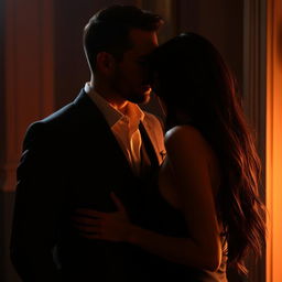 A man in a suit standing intimately close with a woman who has long, flowing black hair