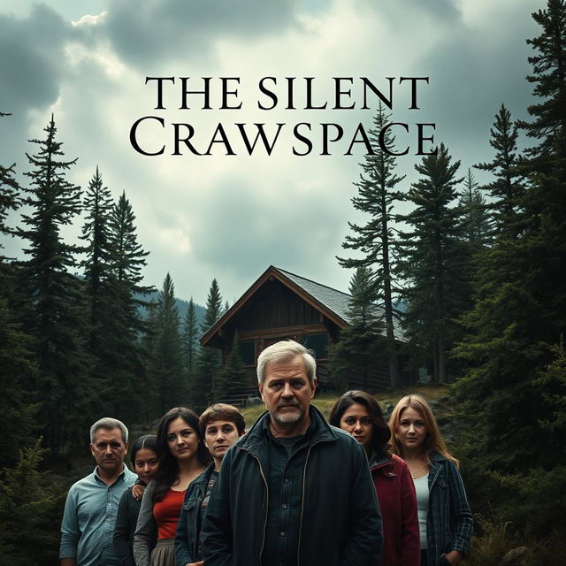 A haunting poster for the movie "The Silent Crawlspace," featuring a remote mountain cabin nestled amidst towering pine trees under an ominous, cloudy sky