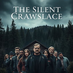 A haunting poster for the movie "The Silent Crawlspace," featuring a remote mountain cabin nestled amidst towering pine trees under an ominous, cloudy sky