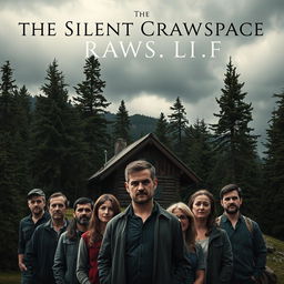 A haunting poster for the movie "The Silent Crawlspace," featuring a remote mountain cabin nestled amidst towering pine trees under an ominous, cloudy sky